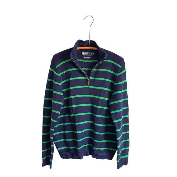 Vintage Ralph Lauren Dark Polo Wool Sweater. Navy Blue Green Striped Zip Polo Top. Cabincore. Grandpacore. Preppy Mod Sweater. 90s Y2K. 00s.