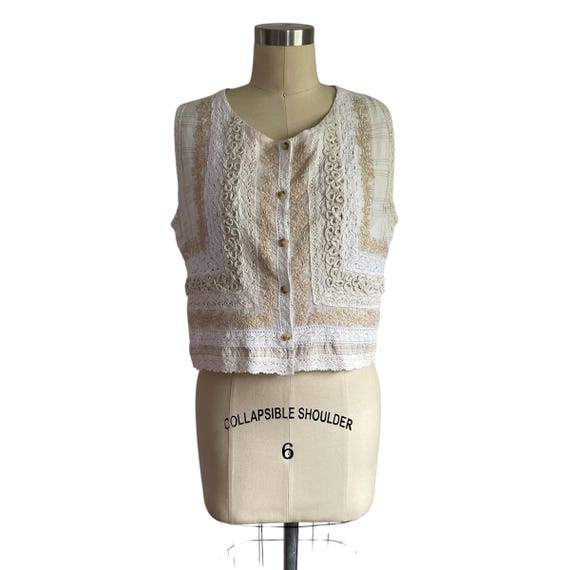 Vintage Jou Jou Journey Neutral Boho Hippie Vest. Coastal Chic Button-Up Vest. White. Beige. Tan. Cottagecore. Spring. 90s. Y2K.