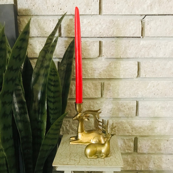 Vintage Brass Art Decor Reindeer Statue Art Figurine: Deer + Candle Holder - S|2