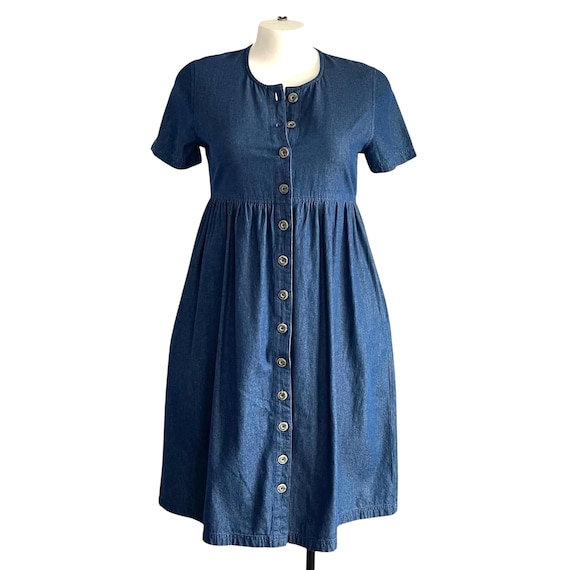 Vintage Blair Blue Chambray Short-Sleeve Midi Dress. Blue Button-Up Dress. Womens Market Casual Plus Denim Jumper Dress. 80s 90s. Y2K. 00s.