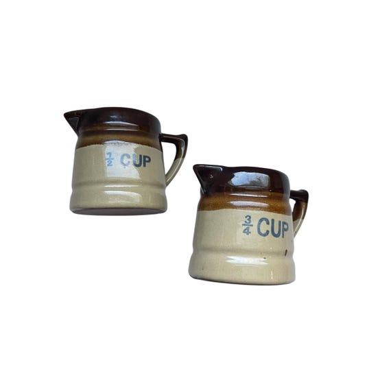 Vintage Glazed Ceramic Measuring Cup Set. Brown Beige Drip Glaze Pottery Cup. 1/2 Cup. 3/4 Cup Measuring Cups. Vintage Kitchen Cup. S|2.