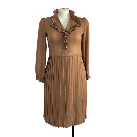 Vintage Caffe Brown Ruffle Midi Dress. Sepia Tan Brown Maxi Dress. Frilly Tux Neck Ruffle Hem. Pleated Skirt Dress. Sheer. 60s. 70s. 80s.