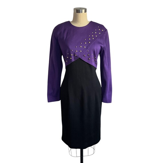 Vintage M.J. Carroll Purple and Black Studded Bodycon Dress. Multicolor Night Club Party Dress. Goldtone Studs. Long Sleeves. 80s. 90s.