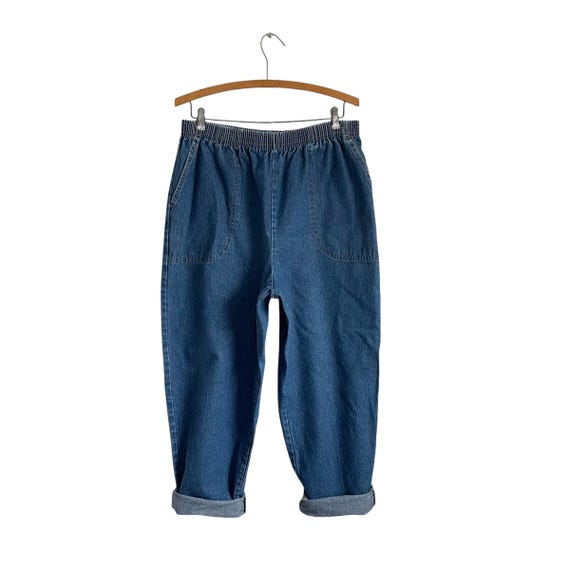 Vintage 80s 90s Denim Mom Jeans. High Waisted Blue Denim Pants. Elastic Stretchy Waist. Womens Casual Baggy Pants. Cottagecore Mom Jeans.
