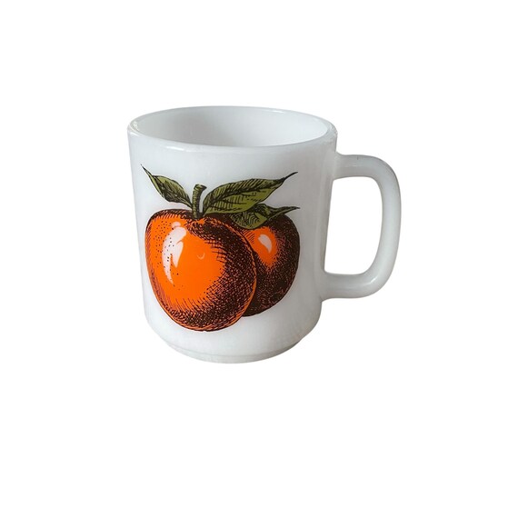 Vintage Glasbake Milk Glass Coffee Mug: Retro Orange Fruit Design