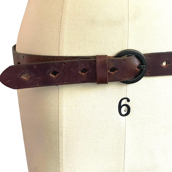 Vintage Dockers Leather Belt: Dark Brown, Diamond Holes, Brass Buckle, Western Style
