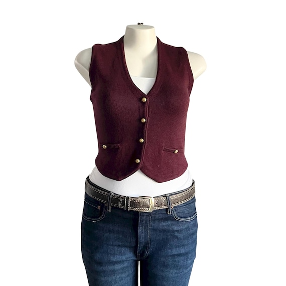 Vintage Sag Harbor Burgundy Cardigan Vest: Sweater Vest, Pockets, Medium, Stretch, Whimsigoth, Button-Up