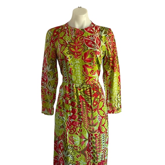 Vintage 60s Mod Floral Boho Glam Long-Sleeved Maxi Dress Gown. Mod Silk Floral Cocktail Party Maxi Dress.