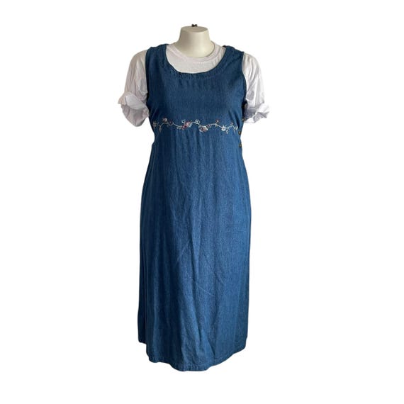 Vintage Stephanie K Sleeveless Denim Maxi Dress. Long Koret Denim XL Jumper Dress. Embroidered Flowers. Leg Split. Cottagecore. Y2K. 2000s.