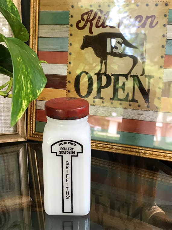 Vintage 50s Griffiths Milk Glass Spice Jar. Apothecary Spice Jar. Poultry Seasoning Milk Glass. Farmhouse Kitchen Spice Jar. Cottagecore.