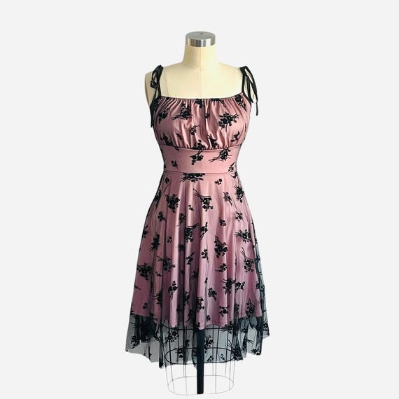 Vintage Rose Pink Floral Milkmaid Dress. Pink Black Dress. Velvet Floral Black Mesh. Gothic Witchcore. Y2K. 00s. Prom Party Babydoll Dress.