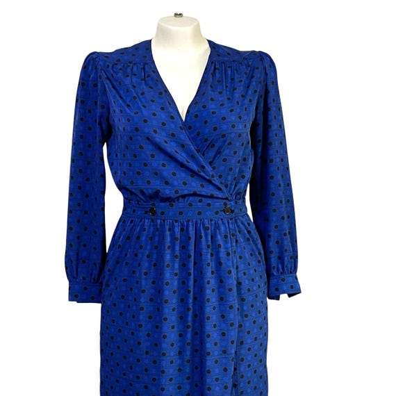 Vintage Albert Nipon Wrap Dress. V-Neck Structured Shoulder Dress. Ruched Bust. Elastic Waist. Full Open Wrap Dress. Polka Dots Dress. Plus.