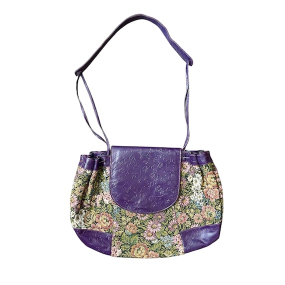 Vintage Learsi Collection Spring Flower Purse. Whimsigoth Floral Needlepoint Tapestry Bag. Purple Leather. Cottagecore Flowers. 70s 80s 90s.