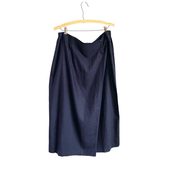 Vintage The Avenue Navy Blue Midi Faux Wrap Skirt. Womens Business Casual Skirt. Dark Blue Maxi Skirt. Linen Faux Wrap Midi Skirt. 80s. 90s.