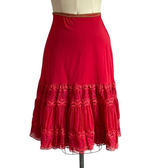 Vintage Saramae Lingerie Bright Red Petticoat. Red Silk and Chiffon Lace Half Slip Skirt. High Waist. Intimate. 70s. 80s. 1970s. 1980s.