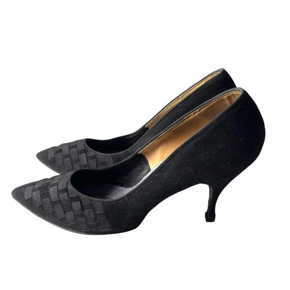 Vintage 50s 60s Black Woven Heels. Ribbon Woven Heels Shoes. Retro Pointy Heels. Pin Up Glam Black Pointy Heels Shoes. Pinup VLV Heels Shoes