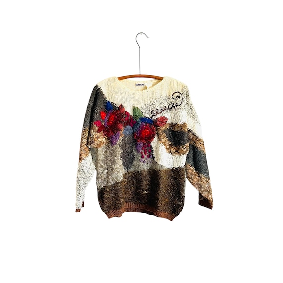Vintage Cottagecore Boho Floral Earth Sweater. Boho Yarn Pullover Sweater. Chunky Knit Dress Sweater. Mariea Kim. 70s. 1970s. 80s. 1980s.