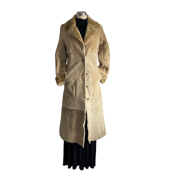 Vintage 70s Suede Maxi Coat: Faux Fur Collar, XS/S