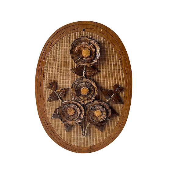 Vintage 3D Carved Flower Oval Wall Art. Retro Wooden Flower Plaque Art. Botanical. Made in the Philippines. 60s. 70s. 1960s. 1970s.