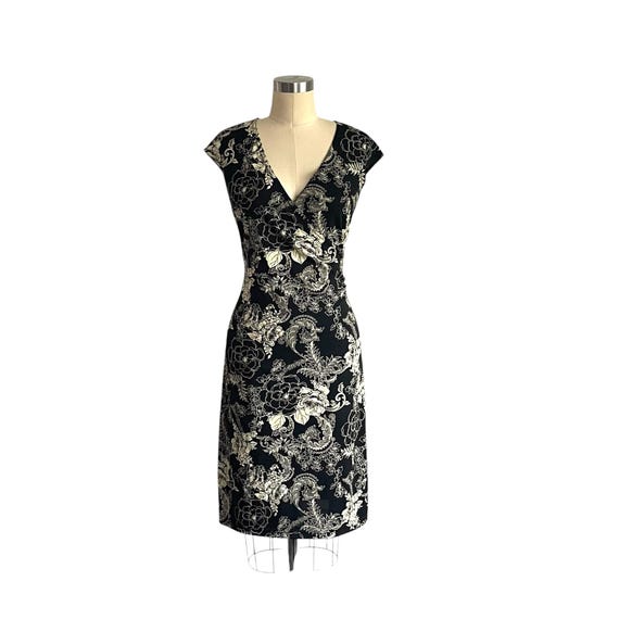 Vintage Black Ivory Floral Midi Dress. Monochromatic Flower Print A-Line Dress. Capped Short Sleeves. Grunge Party Glam Dress. Y2K. 2000s.