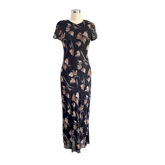 Vintage Floral Maxi Dress: Short Sleeves, Black w/Flower Print, Whimsigoth, Small Back Keyhole, Mesh Overlay, 90s 00s Y2K.