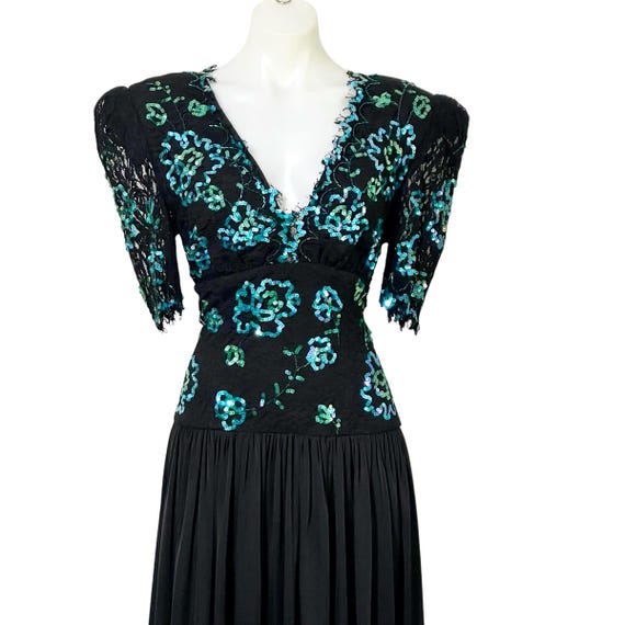Vintage Casadei Teal and Black Cocktail Maxi Dress. Sheer Lace Sequin Puff Floral Sequin Dress. V-Neck. Backless. Jersey Swing Skirt. 80s.