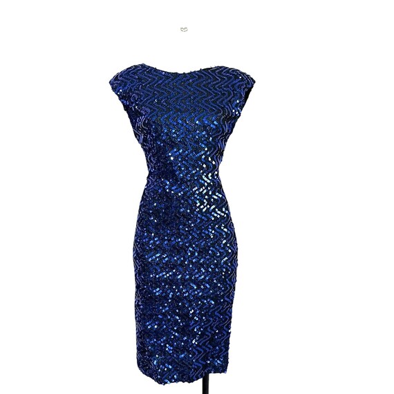 Vintage 70s 80s Royal Blue Sequin Dress. Long Blue Sleeveless Evening Dress. Low Cut Back. Sequin Shimmer Dress. Disco Blue Sequin Dress.