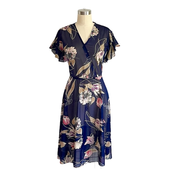 Vintage 70s Boho Floral Dress: Flouncy Ruffle Sleeves, Sheer Navy Floral Dress, Elastic Waist, Boho Chic, Midsummer Aesthetic, Hippie Boho.