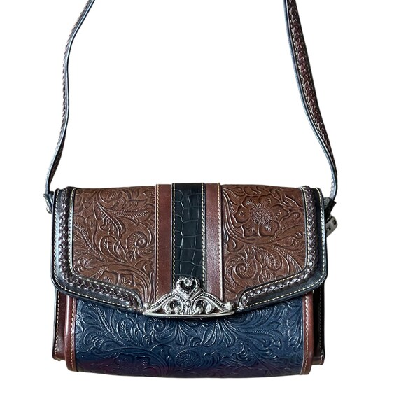 Vintage Tooled Leather Crossbody Bag. Navy Blue Tooled Leather Handbag. Witchcore Tooled Leather Purse Bag. Whimsigoth Crossbody Bag Purse.