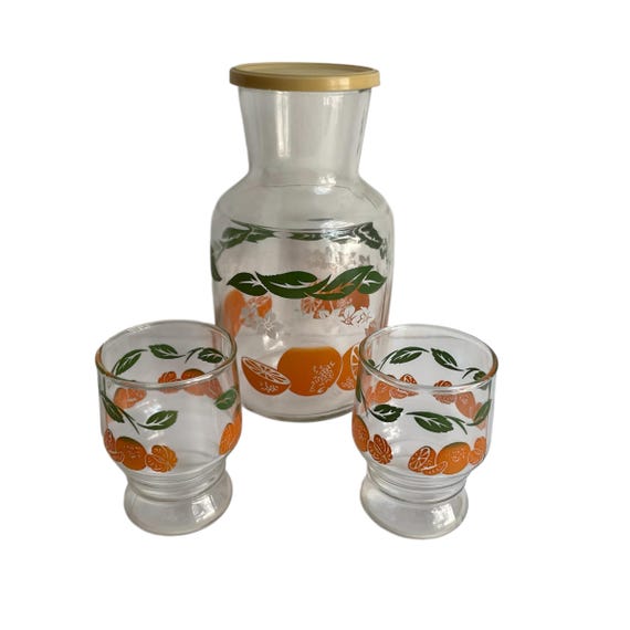 Vintage Anchor Hocking Orange Juice Carafe and Drinking Glasses Set. 4-Piece Set. Orange Juice Container. Orange Juice Glasses. MCM. 60s.