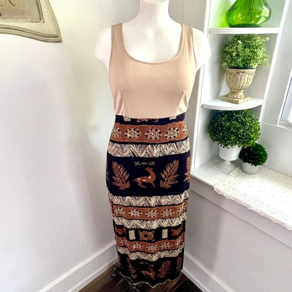 Vintage 90s Midi Dress. Empire Bust Stretch Top Dress. Boho Urban Print Midi Dress. 90s Maxi Dress. Whimsigoth Festival Maxi Dress. M. L. XL