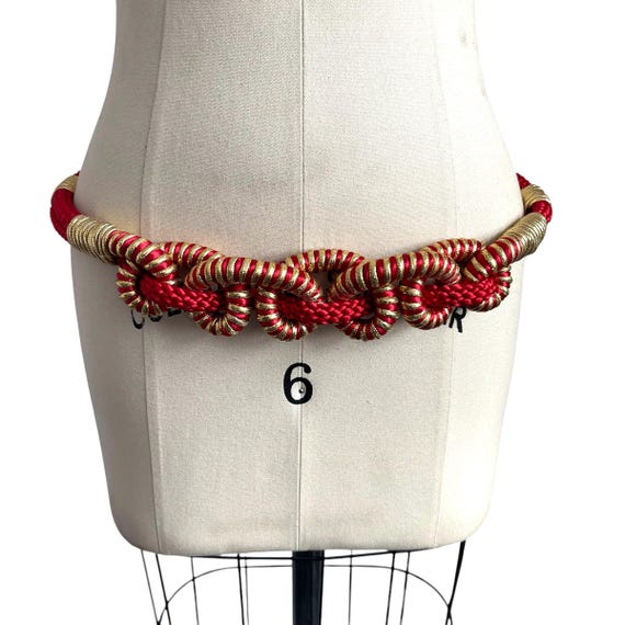 Vintage 80s 90s Red Gold Twist Tie Belt. Glam Red Gold Rope Waist Belt. Braided Fabric Cord Tie Belt. Chinese-Inspired Design. 80s. 1980s.
