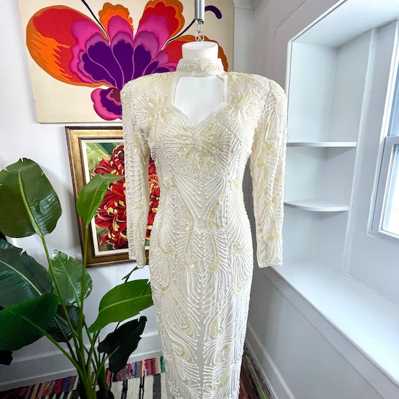 Vintage Deco Silk Beaded Dress. Ivory Beaded Silk… - image 10