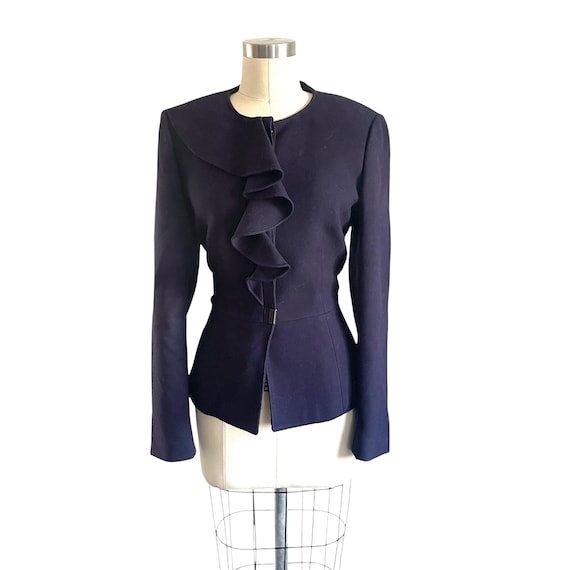 Vintage Anne Klein Indigo Blue Ruffle Blazer: Padded Shoulders, Victorian Blazer, Dark Academia Blazer, 70s 80s 90s Blazer