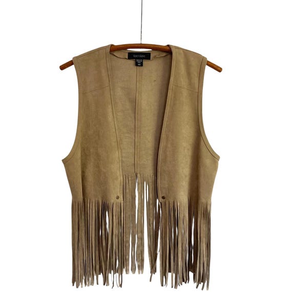 Vintage 60s Taupe Faux Suede Vest. Fringe Vegan Dress Vest. Hippie Core Fringe Western Vest. Bohemian Fringed Open Vest Shirt Top Jacket.