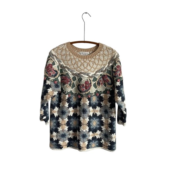 Vintage Jennifer Reed Too Hand-knitted Floral Sweater. Multicolor Pullover Flower Sweater. Embroidered Flowers. Cottagecore. 90s. 1990s.