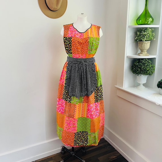 Vintage Patchwork Dress. Design House Apron Dress. 60s 70s Maxi Dress. Pinafore Apron Dress Multi Color Dress. Wrap Maxi Dress. Boho Maxi.