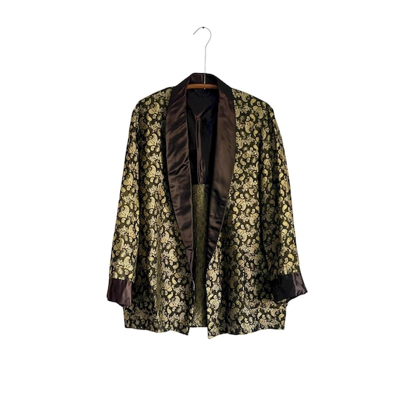 Vintage Silky Brown Gold Paisley Smoking Jacket: 50s 60s Mens Smoking Jacket.