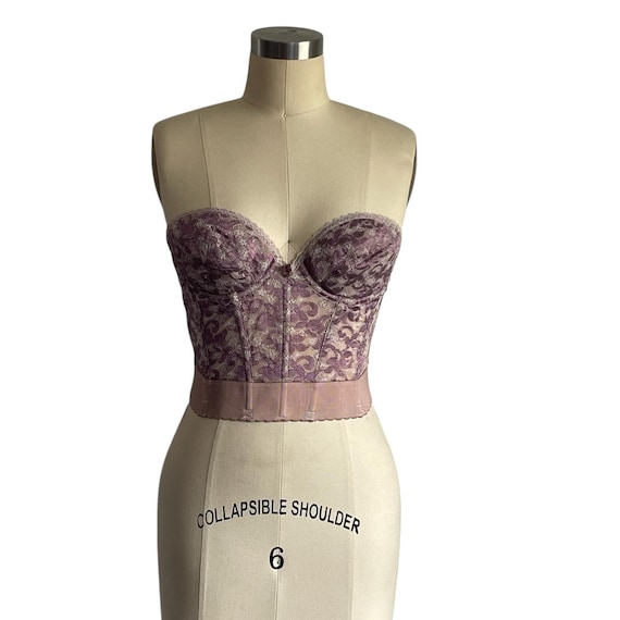 Vintage Carnival Rose Pink and Purple Strapless Corset. Strapless Embroidered Corset Bra. Fleur de Lis Print. Grunge. Intimate. 70s. 80s.