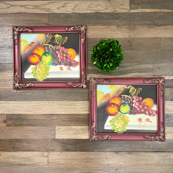 Still Life Oil Painting. Fruit Menagerie. 70s Wall Art Decor. Wood Frame Rustic Still Life Oil Painting. Artist Signed. Matte Oil Art.