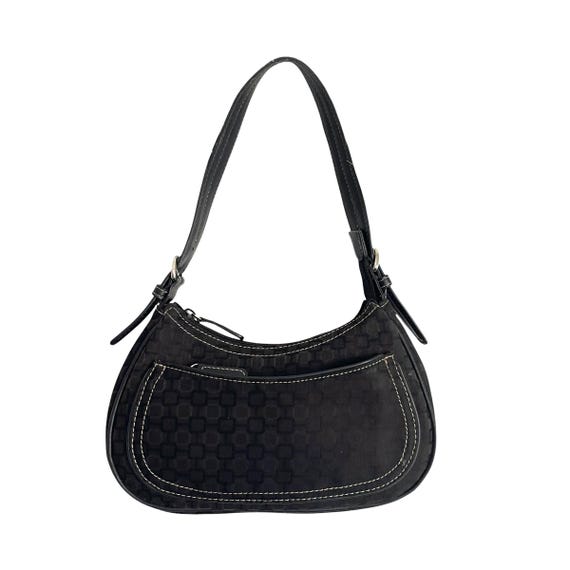 Vintage Nine West Black Hobo Handbag. Designer Style Baguette Bag. Red Interior. Embossed Patterns. Leather Handle. 90s. Y2K. 00s. 2000s.