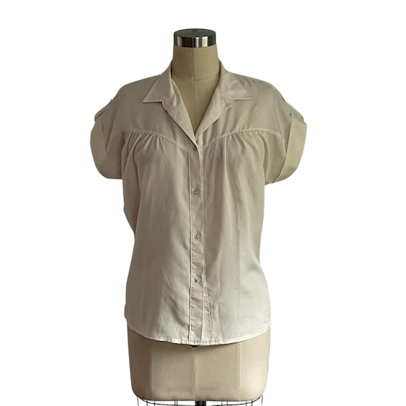 Vintage Ivory Blouse Top: 70s 80s Ivory Top, Semi Sheer, Capped Sleeves, Minimalist, Womens Casual Button Down Blouse Shirt Top.