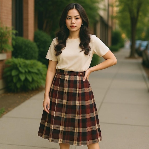 Vintage Brown Plaid Pleated Midi Skirt. Red. White. Black. Dark Academia. Full Open Wrap Skirt. Wool Pleated Wrap Skirt. 70s.