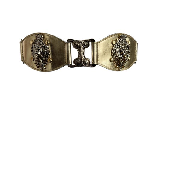 Vintage Golden Lion Door-Knocker Belt. Wide Goldtone Antique Lion Costume Belt. 2 Lions. Tiny Door-knockers. 80s. 90s. 1980s. 1990s.