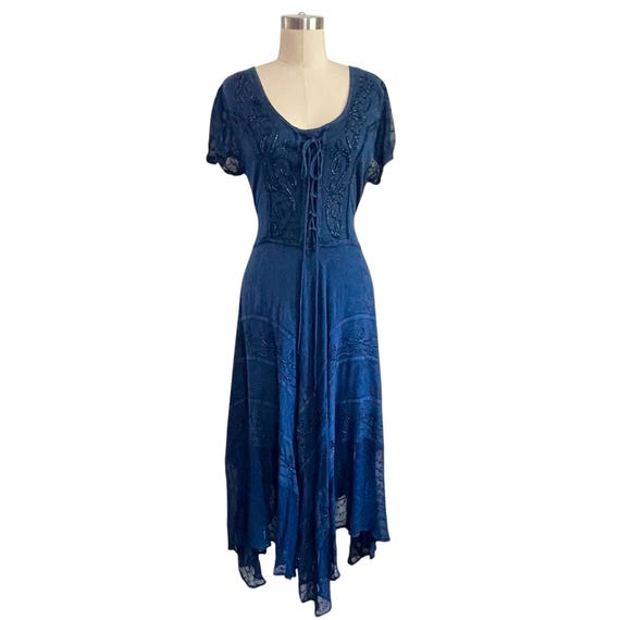 Vintage 90s Cottagecore Hi Lo Hem Dress: Whimsigoth Dress, Fairycore Dress, Blue Maxi Dress, Midi Dress. Witchcore Dress, Corset Maxi Dress.