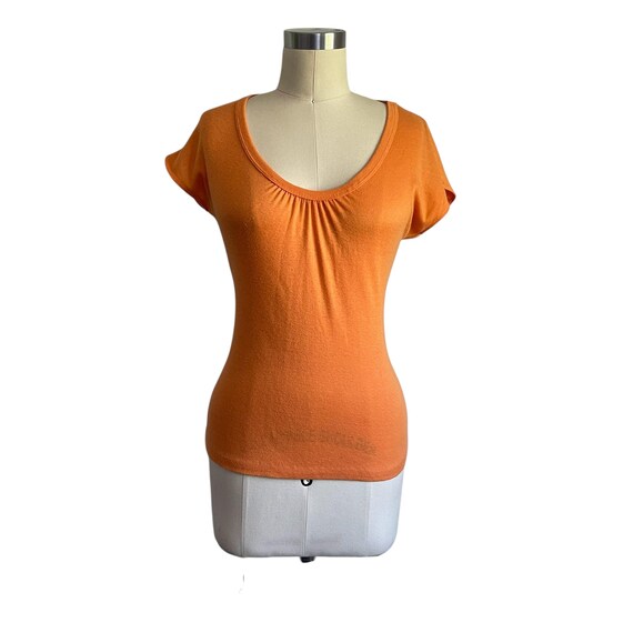 Vintage Fritzi Orange Short-Sleeved Blouse. Casual Orange Scoop-Neck Top. Semi-Sheer. Spring. Boho Hippie Pullover Summer Top.
