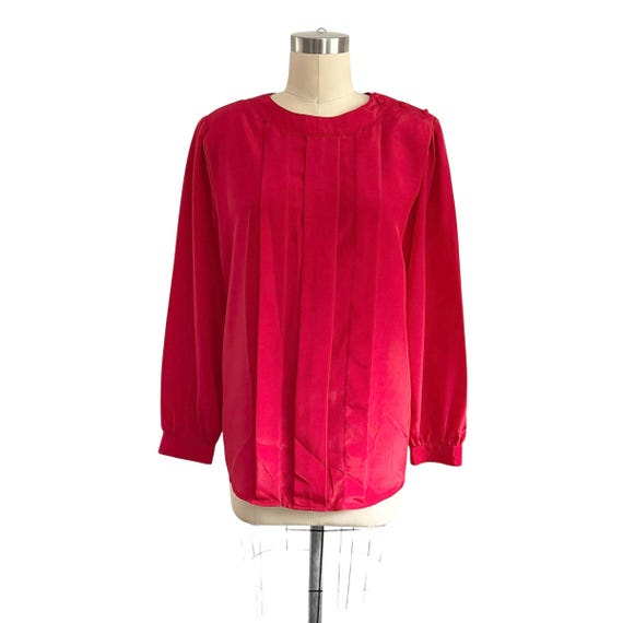 Vintage Red Pleated Blouse: 70s-80s Retro Top, Size 10