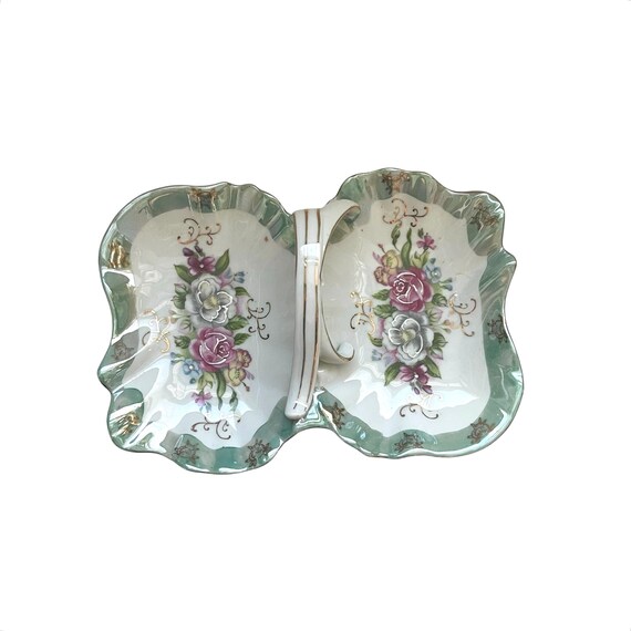 Antique Floral Glazed Serving Dish. Vintage Flower Decorative Tray. 40s 50s Coquette Vanity Home Décor Dish. Hand-Painted Trinket Tray Dish.
