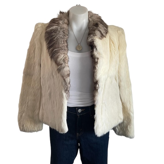 Vintage Ivory Rabbit Fur Jacket, Striped Collar, Boho Glam