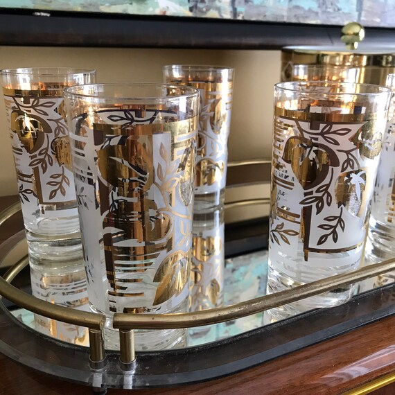 Vintage 60s Libbey Barware Glasses. 50s 60s Gold Foliage Glasses. Frosted Barware Highball. S|6. Vintage Barware. Mid Century MCM Barware.